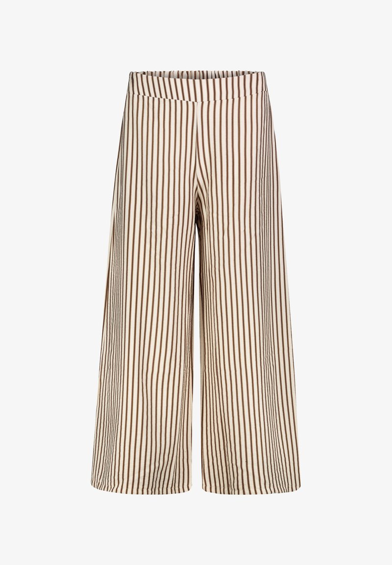 weit geschnittene Hosen aus weichem Stoff, mit vertikalen braunen und cremefarbenen Streifen, ausgestattet mit einem elastischen Bund für Komfort.