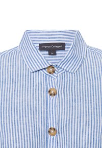 Button-up shirt in blue and white striped cotton. Features a collar and three brown buttons. Labeled with "Franco Callegari," size 36.