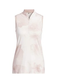 Ermeløs bluse i blød lyserød med et akvarelmønster, der har en mandarin krave og en lynlås foran. Glat tekstur.