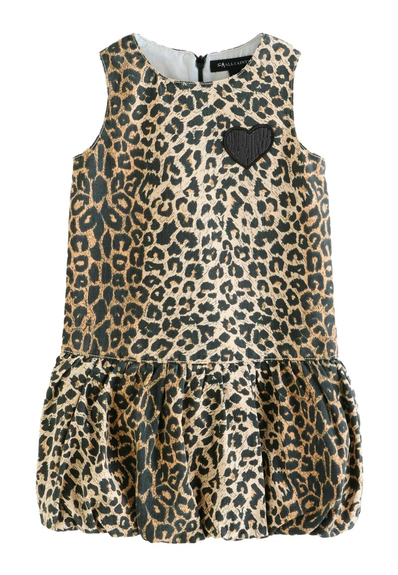 Ærmeløs kjole med leopardprint i grøn, beige og sort med flæsekant og et sort hjertebesætning på brystet. Lynlåslukning bagpå.