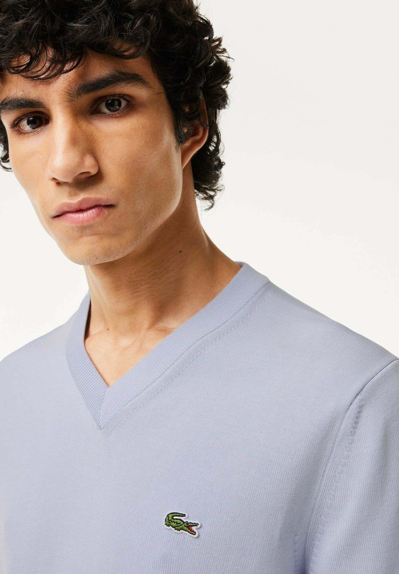 V-Ausschnitt, hellblaues Strickoberteil mit gerippter Textur und kleinem grünen Krokodil-Logo auf der linken Brust.