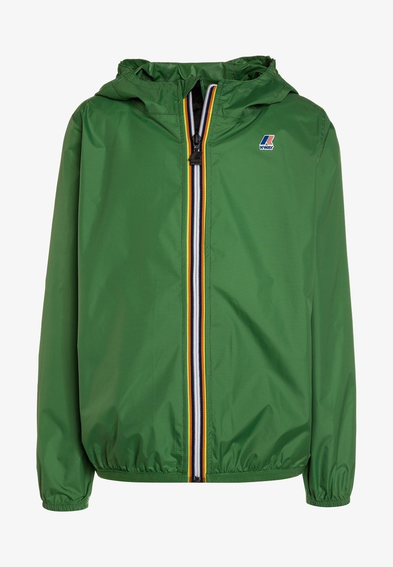 Veste légère verte avec capuche, dotée d'une fermeture éclair à l'avant avec une bande multicolore, des poignets et un ourlet élastiqués, texture lisse.