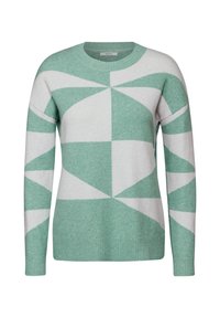 Mintgrüner und weißer gemusterter Pullover mit geometrischen Formen, rundem Ausschnitt sowie gerippten Bündchen und Saum. Hergestellt aus weichem Strickmaterial.
