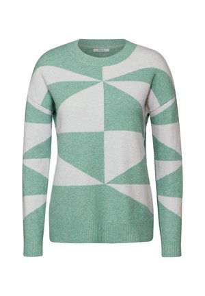 Pull en mint vert et blanc à motifs avec des formes géométriques, col rond et manches et ourlet côtelés. Fabriqué en maille douce.
