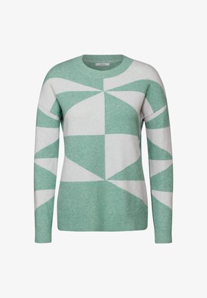 Mintgrøn og hvid mønstret sweater med geometriske former, rund halsudskæring og ribbede manchetter og kant. Fremstillet af blødt strikmateriale.