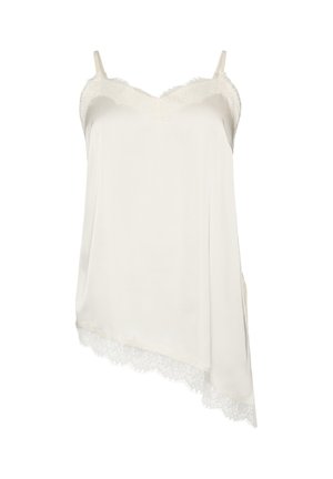 White sleeveless satin camisole with lace trim along the neckline and asymmetrical hem, featuring thin adjustable straps.