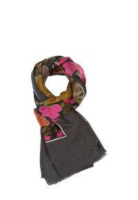 Grau gescäft mit einem blumenmuster silken Überzug in Pink-, Orange- und Grüntönen. Verfügt über fransige Kanten und ein Logodetail auf einer Seite.