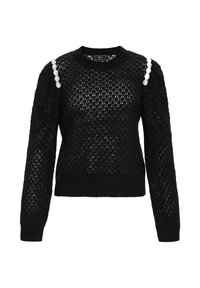 Fekete kötött pulóver laza szövésmintával, hosszú ujjakkal, kerek nyakkivágással és fehér gyöngy díszítéssel az vállnál.