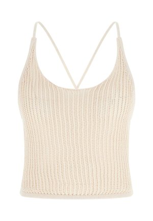 Beżowy dzianinowy krótki top z cienkimi ramiączkami spaghetti tworzącymi kształt litery V z tyłu oraz okrągłym dekoltem.