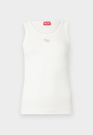 White tank top with a ribbed texture, round neckline, sleeveless design, and a silver logo accent at the chest. Red brand label at the collar.