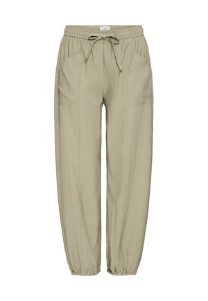 Világos khaki színű jogger nadrág puha anyagból, rugalmas derékkal és húzózsinórral, két elülső zsebbel és szűkülő mandzsettával.