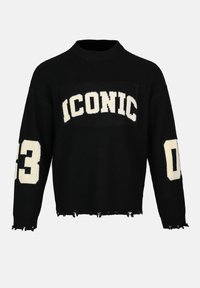 Black knitted sweater featuring a cropped design, with “ICONIC” in white across the chest and bold numeric accents on the sleeves. Frayed hem.
