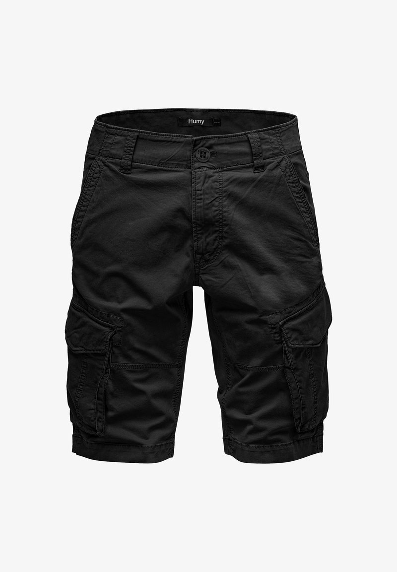 Black cargo shorts with multiple side pockets, made of a durable fabric featuring a relaxed fit and straight leg design.