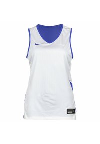 Witte mesh sporttrui met blauwe accenten, uitgerust met een V-hals en mouwloos ontwerp. Inclusief Nike-logo en engineered label aan de zoom.