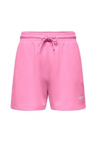 Ροζ βαμβακερά σορτς με ελαστική μέση και κορδόνι. Διαθέτουν μικρό λευκό λογότυπο στο κάτω δεξί μέρος. Ομαλή υφή, καθημερινός σχεδιασμός.