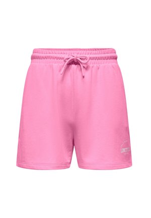 Rozā kokvilnas šorti ar elastīgu jostu un auklu. Apakšējā labajā stūrī neliels balts logo. Gluda tekstūra, ikdienišķs dizains.
