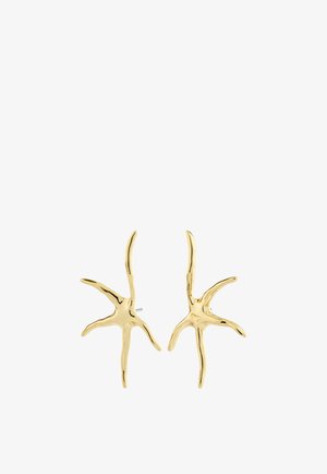 Ohrstecker aus goldfarbenem Metall in Form eines abstrakten Seesterns mit fünf ungleichmäßigen, gebogenen Armen.