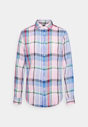 Camicia a maniche lunghe con bottoni, motivo scozzese nei colori rosa, blu, verde e nero, con colletto a punta.