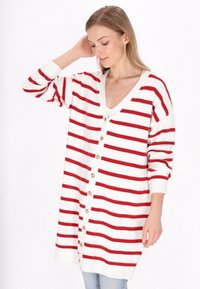 Cardigan s červenými a bílými pruhy, v výstřihu do V, s knoflíkovým zapínáním, s žebrovanými manžetami, střední délka. Měkký pletený materiál s volným střihem.