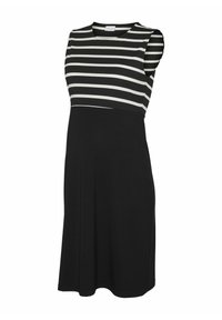 Maternity dress featuring a black skirt and a striped black-and-white top. Sleeveless design with soft fabric and a rounded neckline.