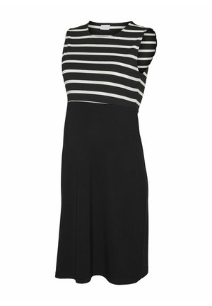 Zwangere jurk met een zwarte rok en een gestreept zwart-wit bovenstuk. Mouwloos ontwerp van zachte stof met een ronde halslijn.