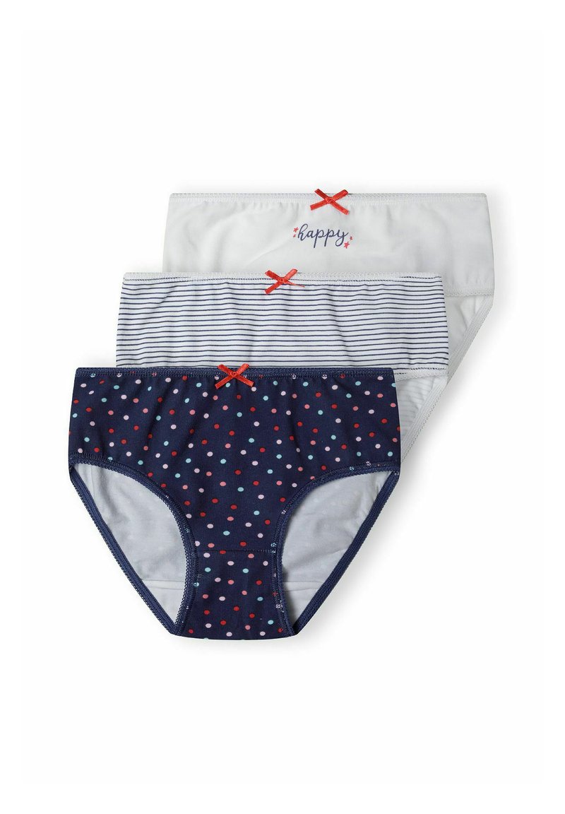 Tre paia di mutandine per bambini: bianche con il testo "felice", blu scuro con pois colorati e a righe. Ognuna presenta un accentuazione con un fiocchetto rosso.