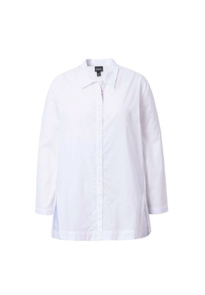 Bílá košile s límečkem, dlouhými rukávy a postranními rozparky. Vyrobena z hladké bavlněné tkaniny, s klasickým designem a střihy.