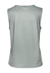 Sleeveless top in light gray fabric with a smooth texture, featuring a rounded neckline and a straight hemline at the back.