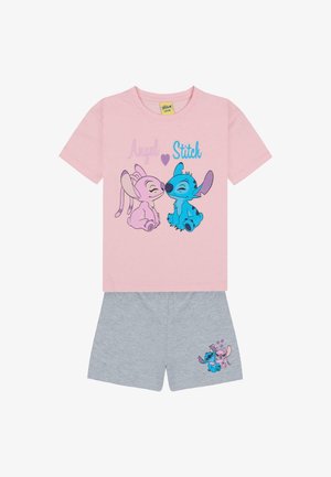Pink cotton t-shirt featuring Angel and Stitch graphics, paired with gray shorts displaying a similar design. Short-sleeved, casual fit.
