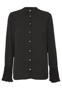 Blouse noire à manches longues en tissu léger, dotée d'un col avec revers, d'une patte de boutonnage à l'avant, et de poignets plissés avec une texture douce.