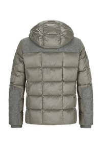 Gepolsterte Jacke in olivgrün mit einem grauen Woll-Schulterbesatz. Hat horizontale Steppabschnitte und eine Kapuze. Einschließlich gerippter Bündchen.