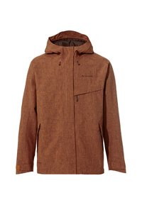 Giacca impermeabile marrone a fantasia con cappuccio, tasche anteriori con zip e cordini regolabili. Tessuto testurizzato con dettaglio del logo sul petto.