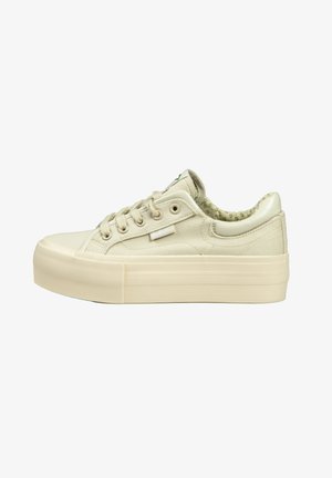 Beige canvas sneakers met een dikke rubberen zool, ronde neus, veterontwerp en groene patroonvoering. Voorzien van een klein logootje aan de zijkant.