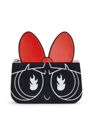 Black pouch with a cartoon face design, red ears on top, white flame accents, and a pink zipper. Made of synthetic material.