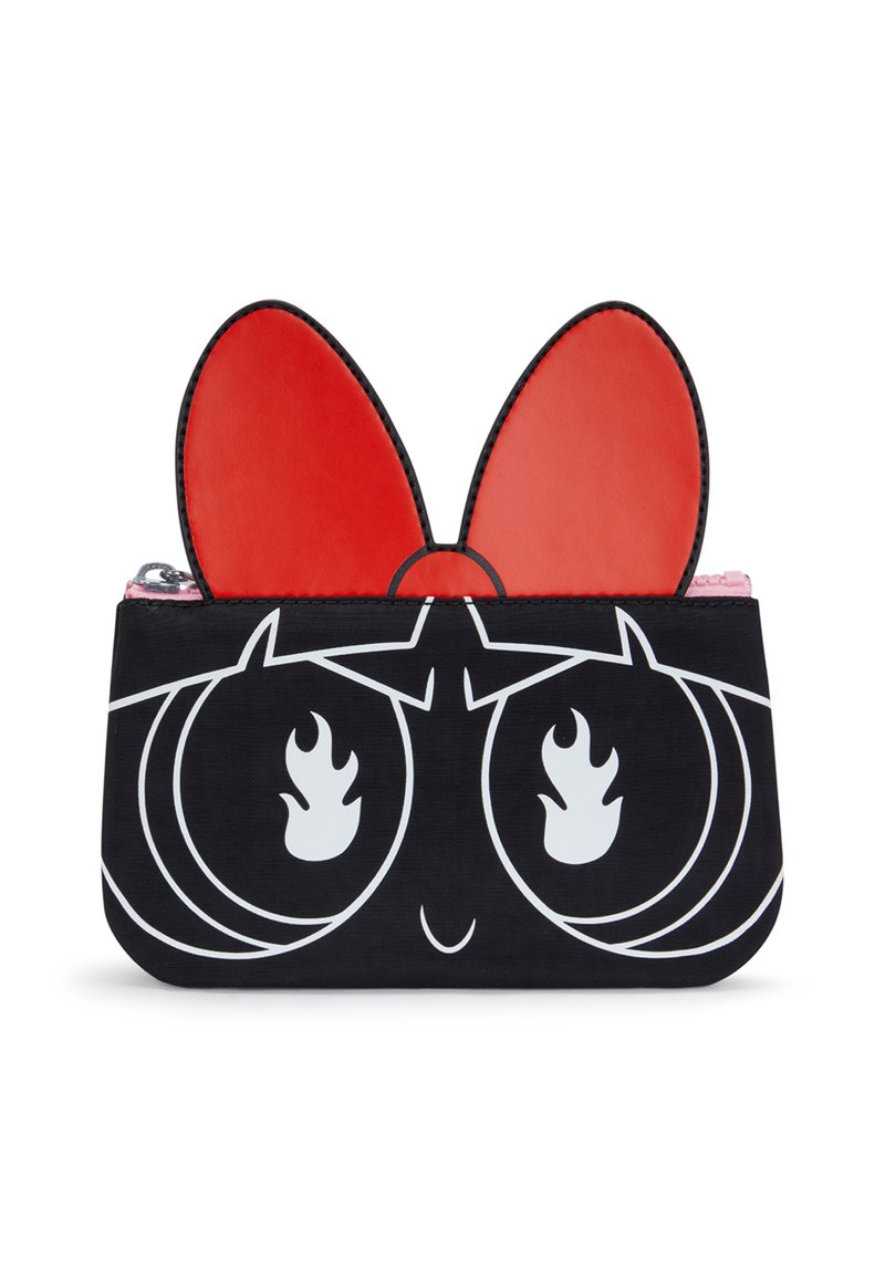 Pochette nera con design di faccina da cartone animato, orecchie rosse in cima, dettagli a fiamma bianchi e una cerniera rosa. Realizzata in materiale sintetico.