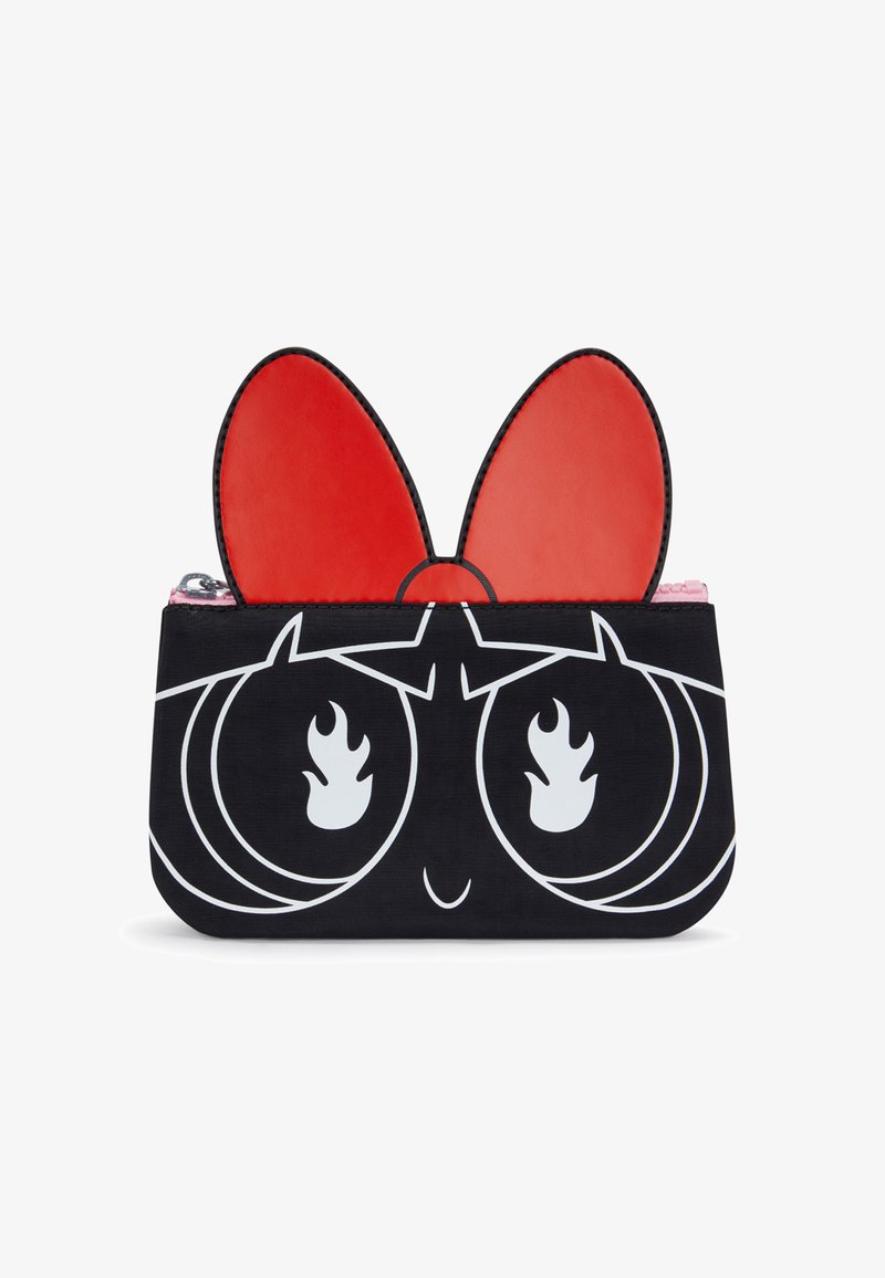 Pochette nera con design di faccina da cartone animato, orecchie rosse in cima, dettagli a fiamma bianchi e una cerniera rosa. Realizzata in materiale sintetico.