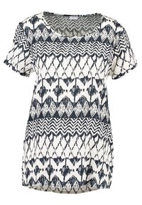 Kortärmad topp med rund halsringning i marinblått och vitt geometriskt mönster med varierande former och texturer, tillverkad av lättviktsmaterial.