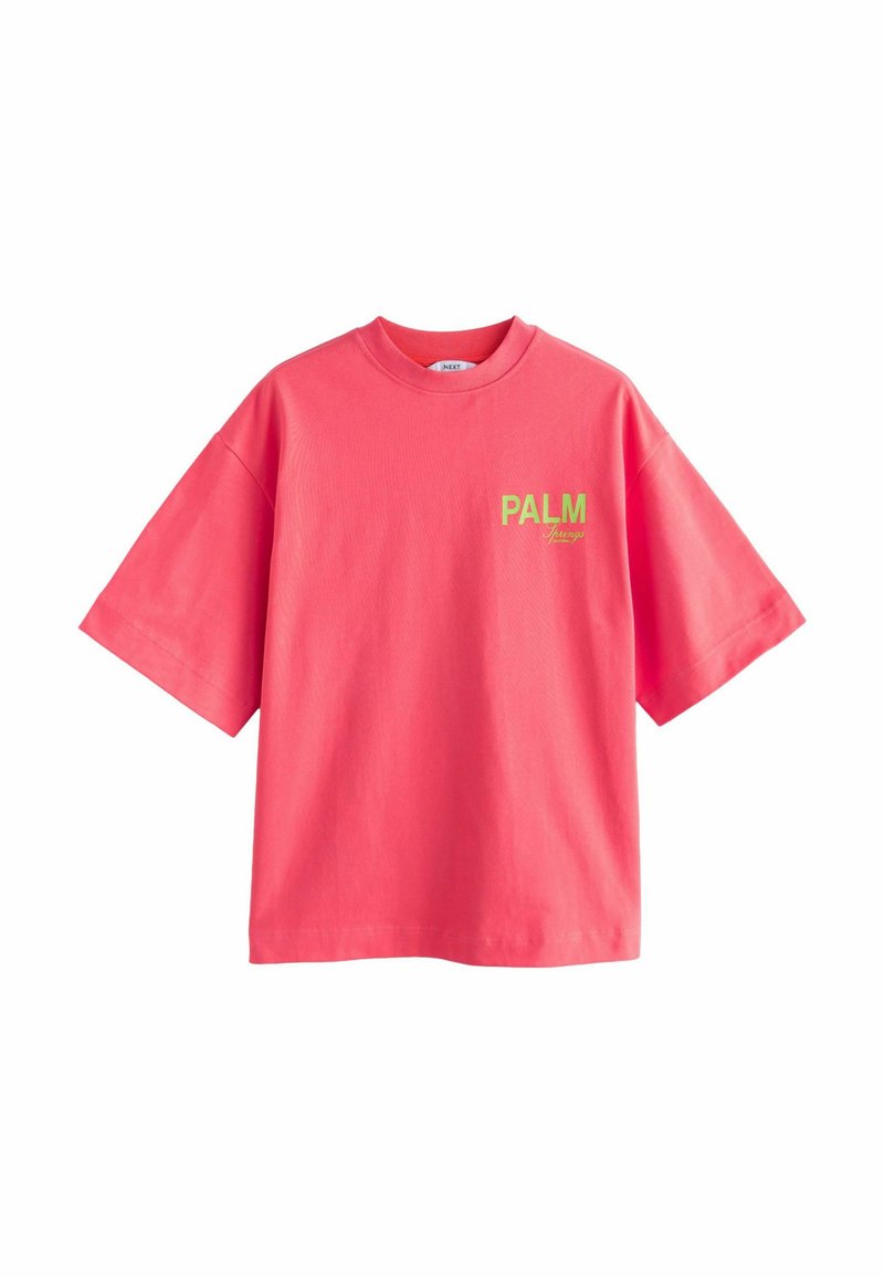 Roze T-shirt met korte mouwen, gemaakt van katoen, met een ronde hals en groene "PALM" tekstgrafiek op de voorkant. Regelmatig pasvorm ontwerp.