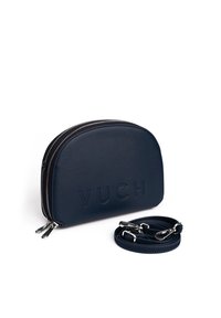 Navy blue leather pouch with a rounded shape, embossed "VUCH" logo, silver zipper, and detachable strap. Smooth texture and minimalist design.