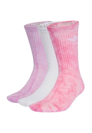 Tri parova čarapa do gležnja: jedan ružičasti tie-dye, jedan čvrsto bijeli i jedan svijetlo ružičasti. Na vrhu rebrasti uzorak s akcentom logotipa.