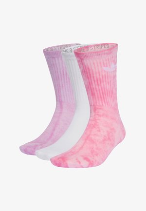 Três pares de meias de comprimento meia: um em tie-dye cor-de-rosa, um sólido branco e um rosa claro. Textura canelada na parte superior com um logótipo em destaque.