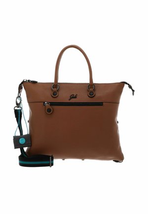 Borsa in pelle marrone con due manici, una tasca frontale con cerniera e una tracolla nera e turchese rimovibile.