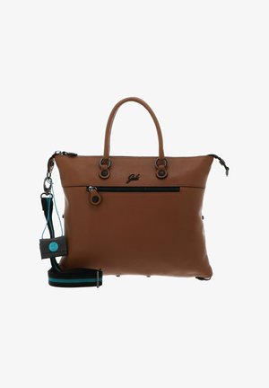 Borsa in pelle marrone con due manici, una tasca frontale con cerniera e una tracolla nera e turchese rimovibile.