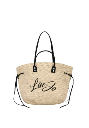 Bolso tote beige tejido con asas negras, lazos laterales y "Liu Jo" bordado en letras negras en el frontal.