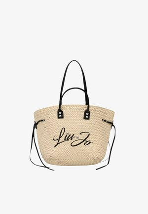 Bolso tote beige tejido con asas negras, lazos laterales y "Liu Jo" bordado en letras negras en el frontal.