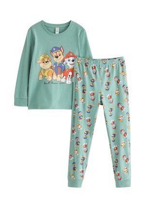 Børns lysegrønne langærmede pyjamas med Paw Patrol-figurer og teksten "best team ever" på toppen.
