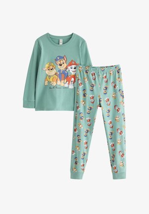 Børns lysegrønne langærmede pyjamas med Paw Patrol-figurer og teksten "best team ever" på toppen.