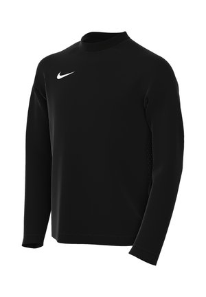 Sort sportstrøje med lange ærmer, rund halsudskæring og hvidt Nike-logo på venstre bryst, vist på en hvid baggrund.
