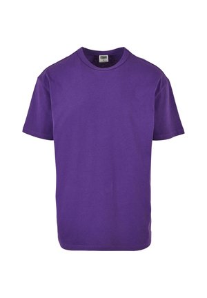 Paarse katoenen T-shirt met een ronde hals en korte mouwen, met een effen ontwerp en rechte zoom. Geen zichtbare logo's of patronen.