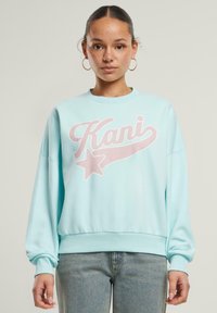 Felpa azzurro chiaro con un grande logo "Kani" rosa pallido e un design a stella, con un classico scollo a girocollo e polsini e orlo ribattuti.